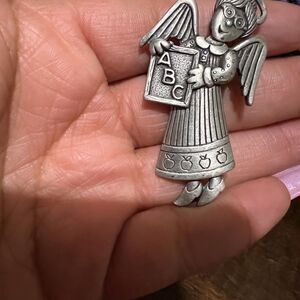 Vintage Signed JJ Pewter Pin Brooch School Teacher Angel ABC, Jonette Jewelry